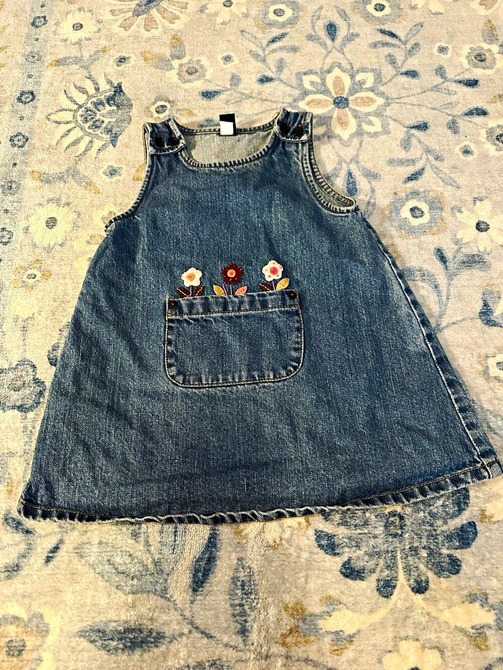 Vintage Gap Girls Blue Denim Floral Sleeveless Dress Pocket 18-24 Months